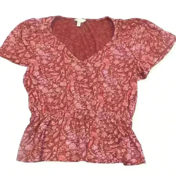 Lucky Brand Size Med Maroon Short Sleeve V Neck Peplum Ruffle Cotton Modal - Picture 1 of 6
